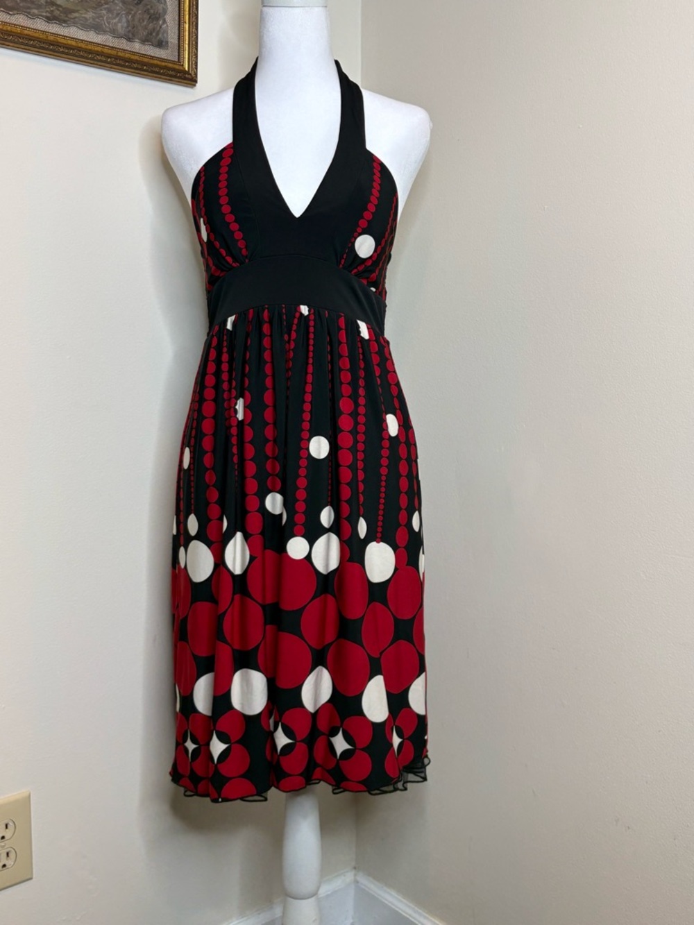Black Halter Dress with Red and White Polka Dot Stripe Print